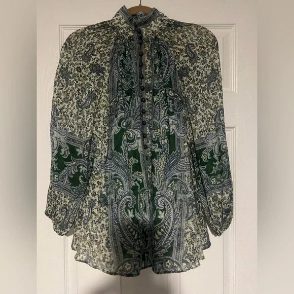 ZIMMERMANN OTTIE LINEN BILLOW BLOUSE GREEN PAISLEY - Picture 3 of 14
